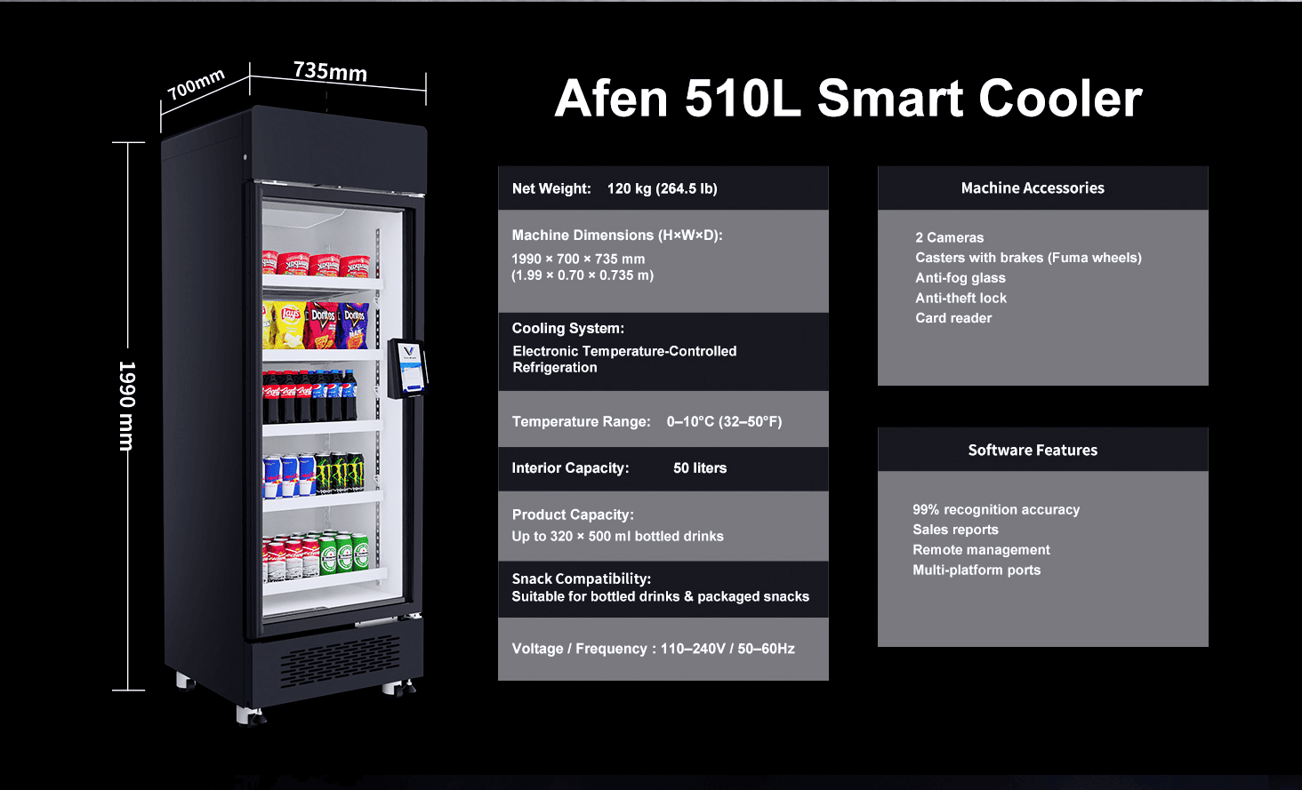 Dimensiones y capacidad de la máquina expendedora AFEN Smart Cooler AI de 510 l La capacidad de almacenamiento de alta densidad de la máquina expendedora AFEN AI maximiza el retorno de la inversión minorista en un espacio compacto.