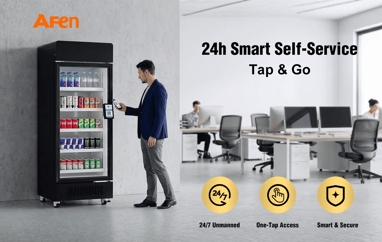Refrigerador inteligente AFEN Hero Scene de 510 l El refrigerador inteligente AFEN 510 ofrece soluciones versátiles para comercios minoristas sin personal las 24 horas, los 7 días de la semana, para oficinas y gimnasios.